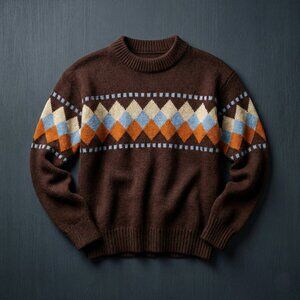 Sutton Place Men M Argyle Sweater Brown Retro Preppy Academia Vintage Knit 80s